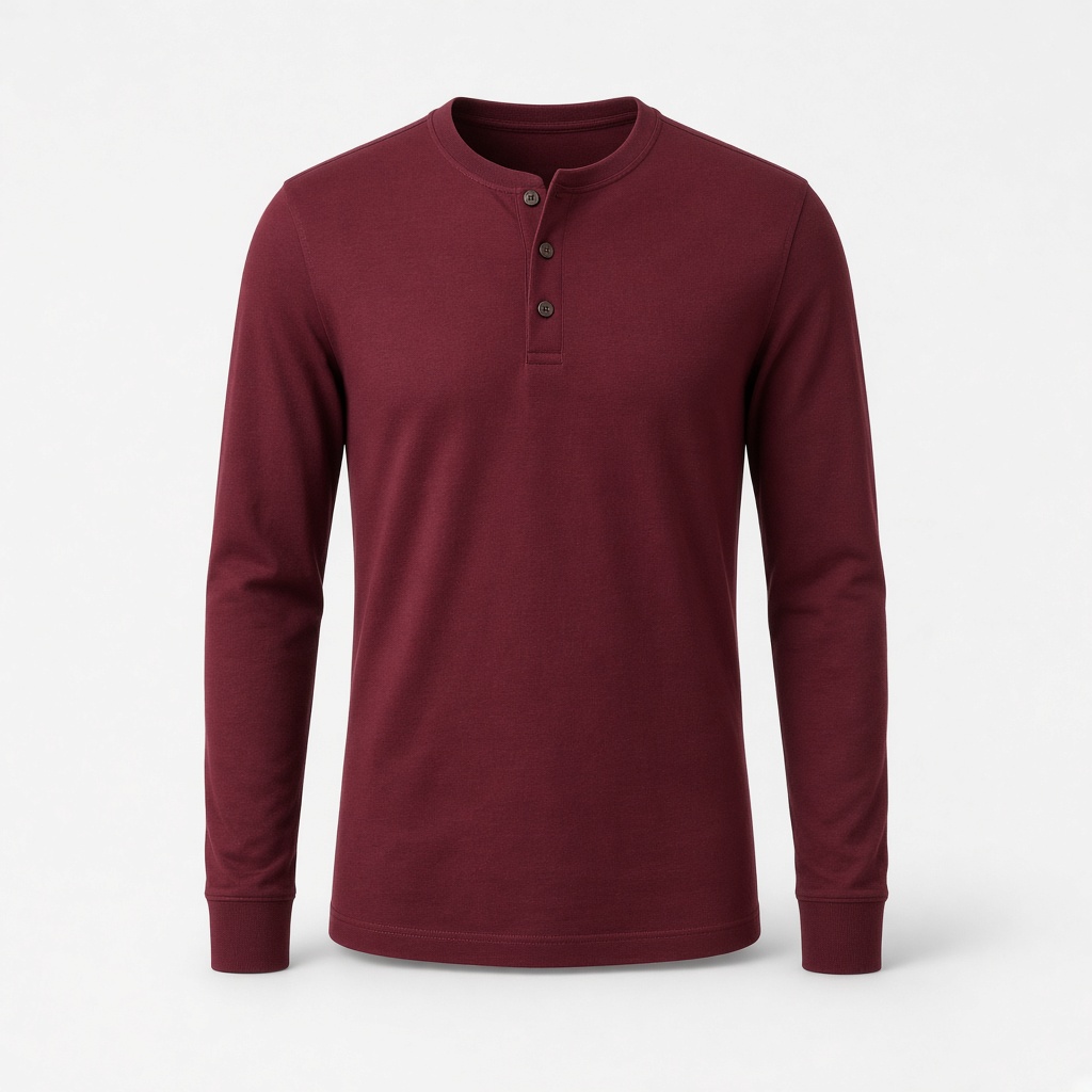 Long Sleeve Cotton Henley - Burgundy