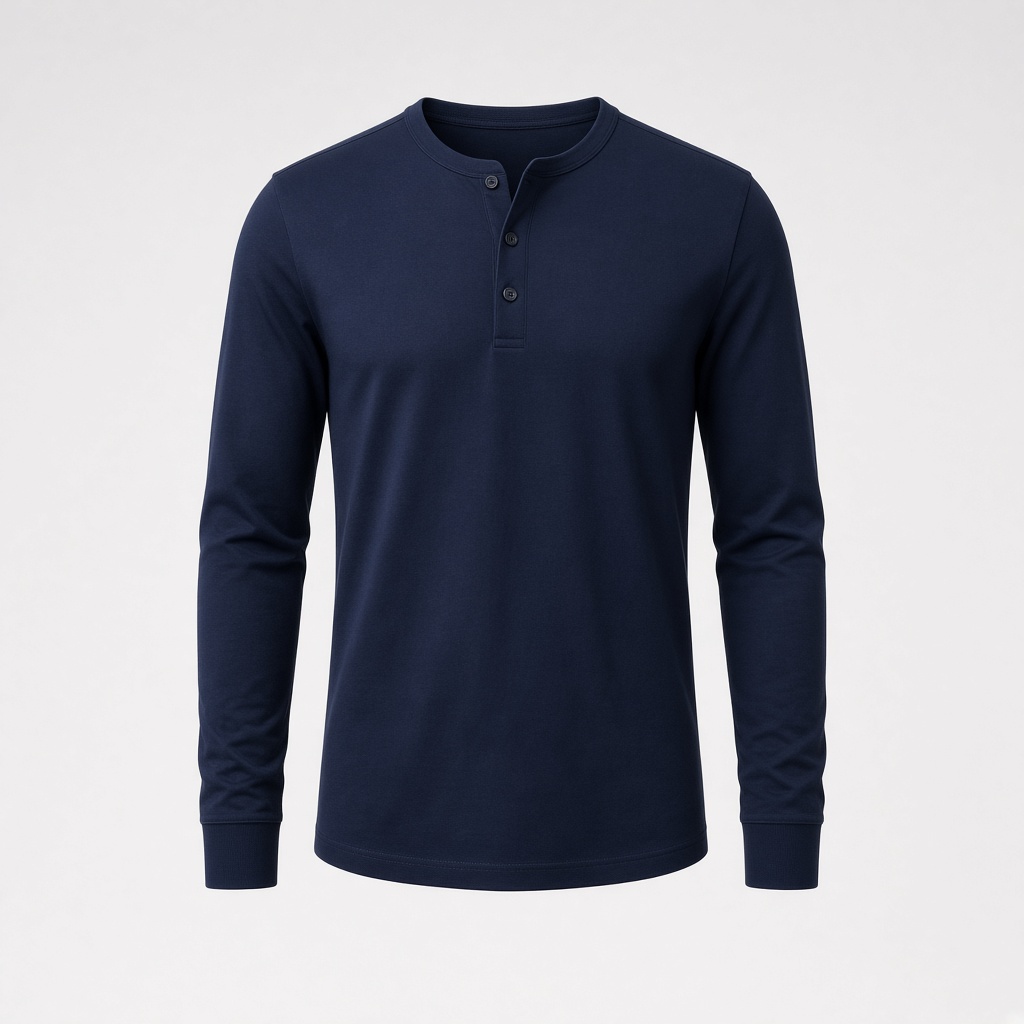 Long Sleeve Cotton Henley - Navy